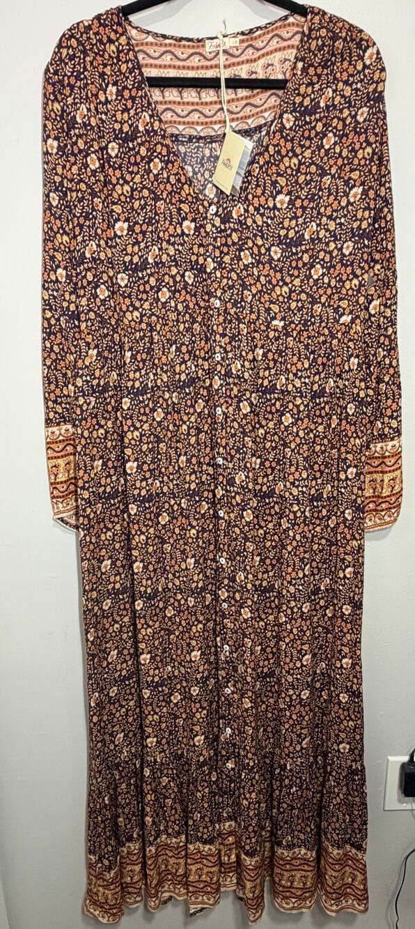 Faherty Large Toluca Tiered Long Sleeve Maxi Dress in Merlot Bordeaux Floral NWT